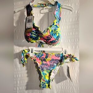 NWT Hobie bikini  Padded top side tie bikini bottom Tropical  Size Large. Ruffle